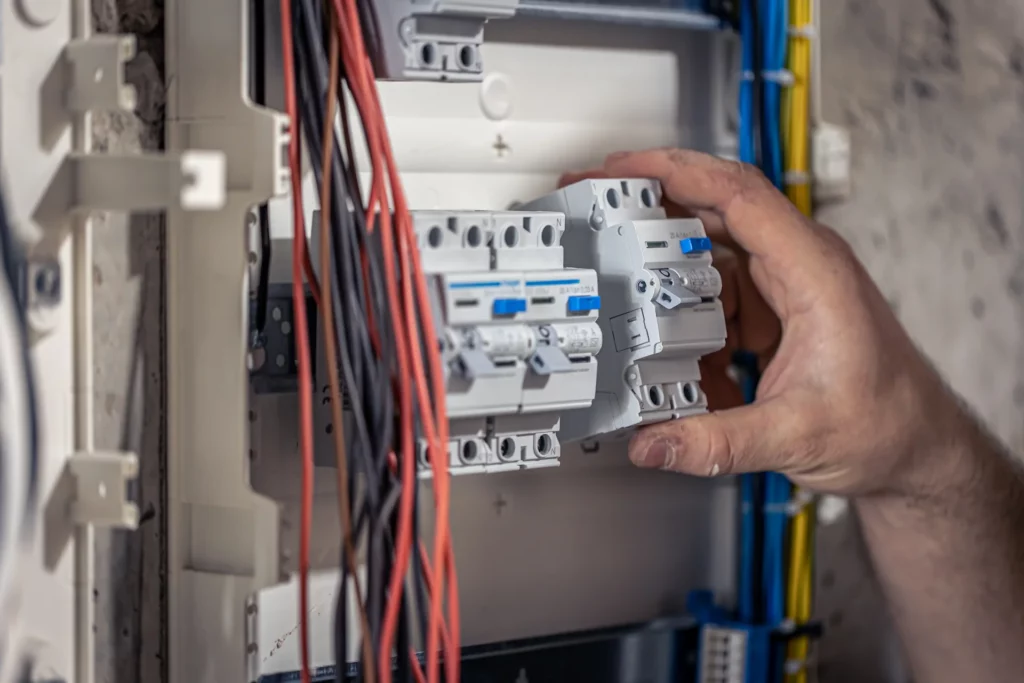 Électricien qui s'occupe d'un tableau électrique.